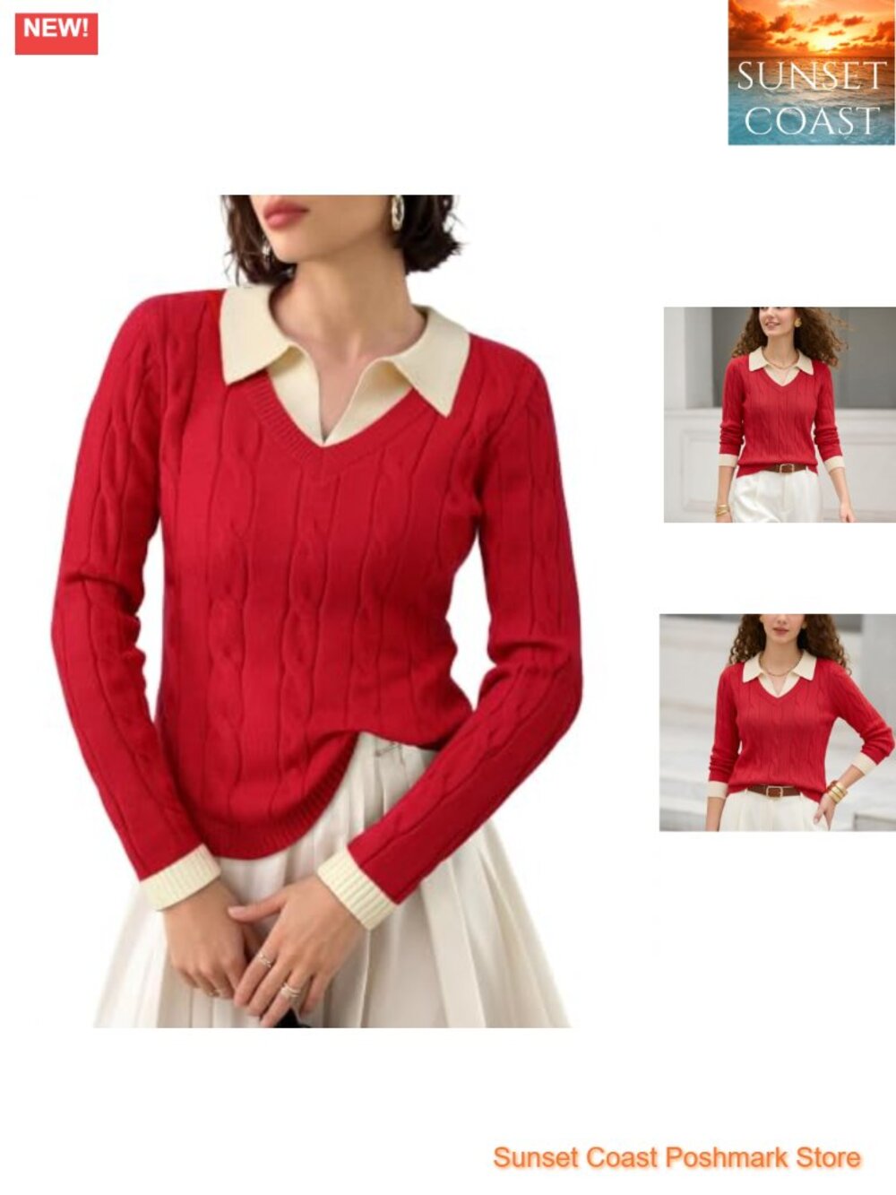 Women's Cable Knit Collared V-Neck Pullover Sweater Preppy Fall